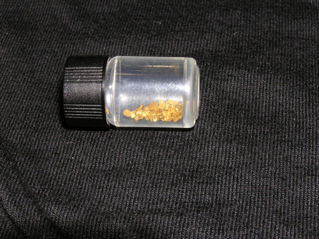 This vial of gold was found by William, Kyle and Michael at Long's. They used a metal detector to locate a concentration of black sand. When they got home, they panned out the material and this is what they found.