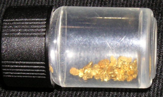 This vial of gold was found by William, Kyle and Michael at Long's. They used a metal detector to locate a concentration of black sand. When they got home, they panned out the material and this is what they found.